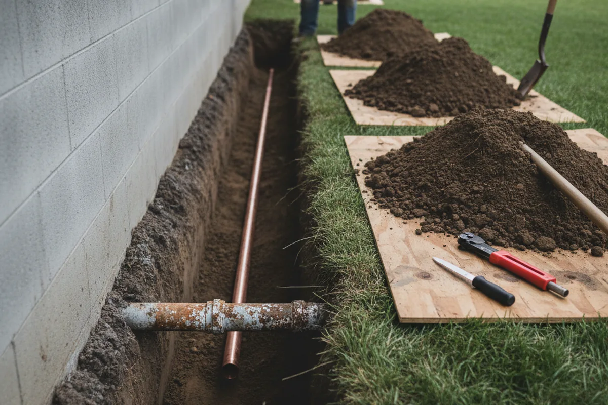 Excavated water line trench during Sewer Line Repair in Bethlehem